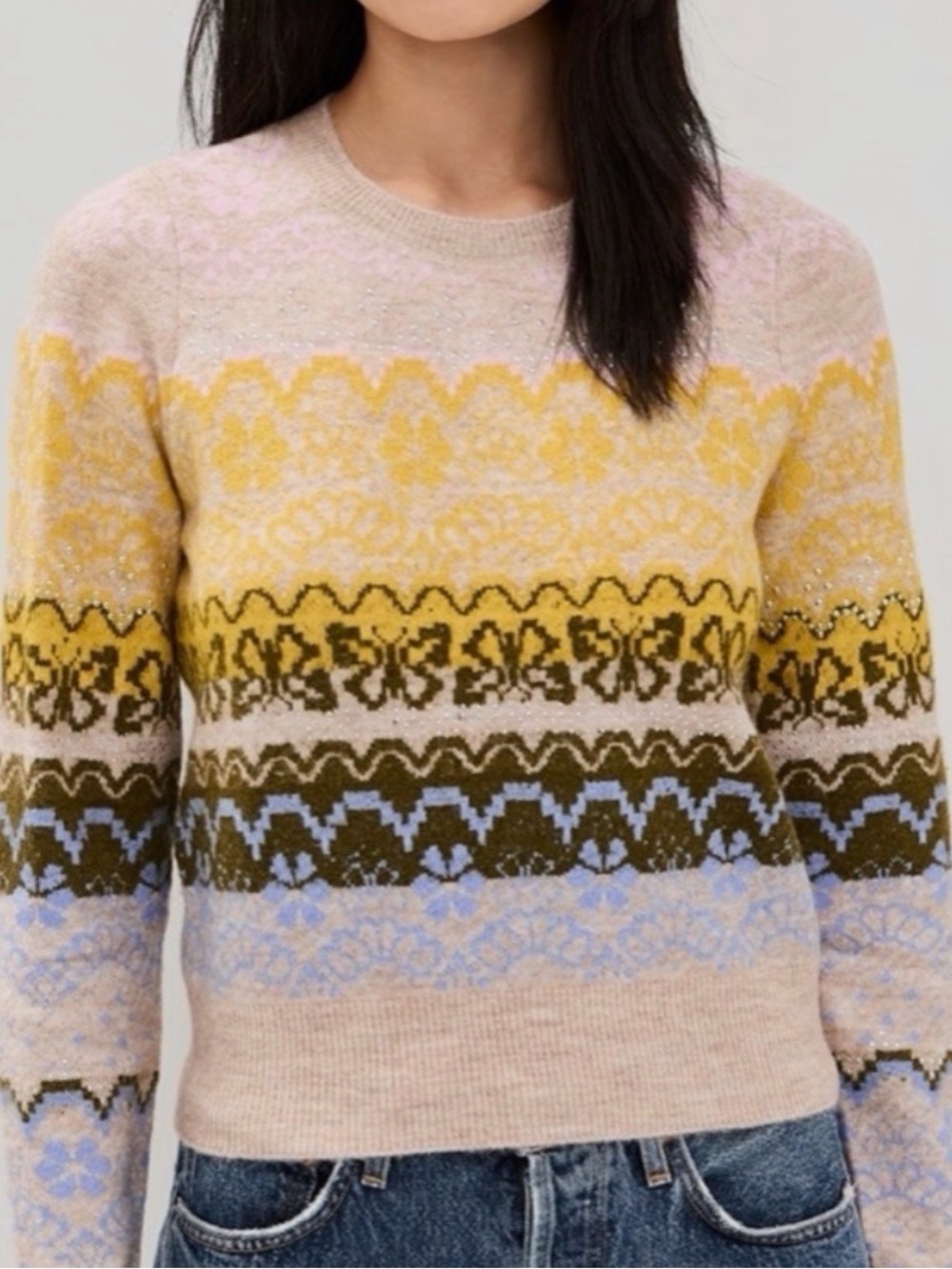 cinq a sept Crewneck Fair Isle Sweater in Beige, Yellow, Olive & Light Blue